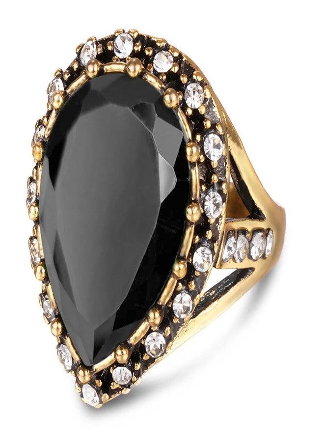 HAIXIAN Gold Black Obsidian Stone Ring for Women,Retro14K Yellow Gold Plated Waterdrop Shap Gemstone Crystal Ring,Cocktail Party Signet Ring Jewelry for Women Her (Ring_A1, 8) - Image 1